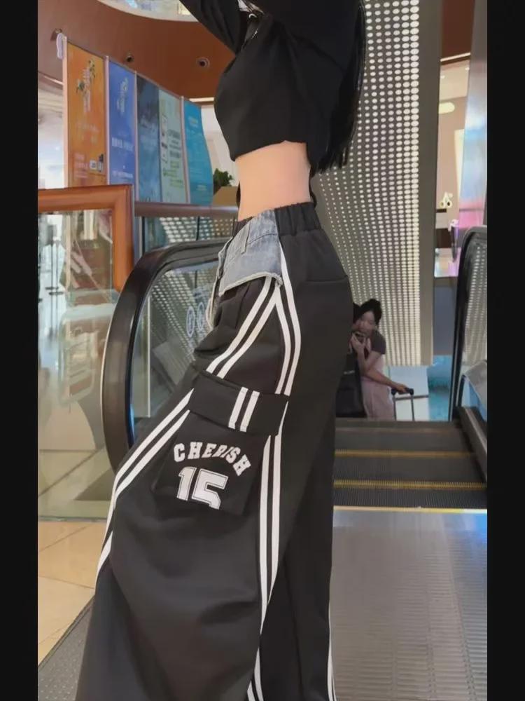 Женский осенний джинсовый полосатый комбинезон из двух частей с широкими брюками и множеством карманов