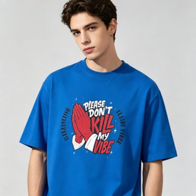 Male 100 Cotton Trend Graphic Tshirt Hands Star Letter Print Crew Neck Loose Short Sleeve Fashion Street Daily Casual Tops