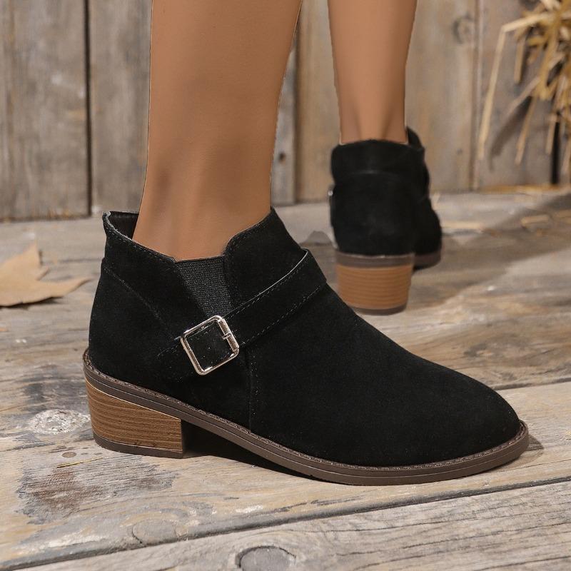 2024 High Quality Women's Shoes Belt Buckle Women's Boots Fashion Slip-on Office and Career Hot Sale Plus Size Solid Ankle Boots