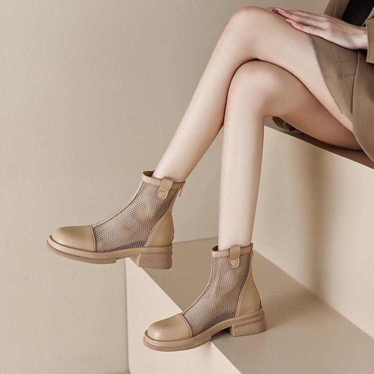 Женские летние сапоги, роскошные ботильоны для женщин, тренд 2024 года, удобные сетчатые сапоги из искусственной кожи для отдыха на открытом воздухе, модные сапоги на каблуке