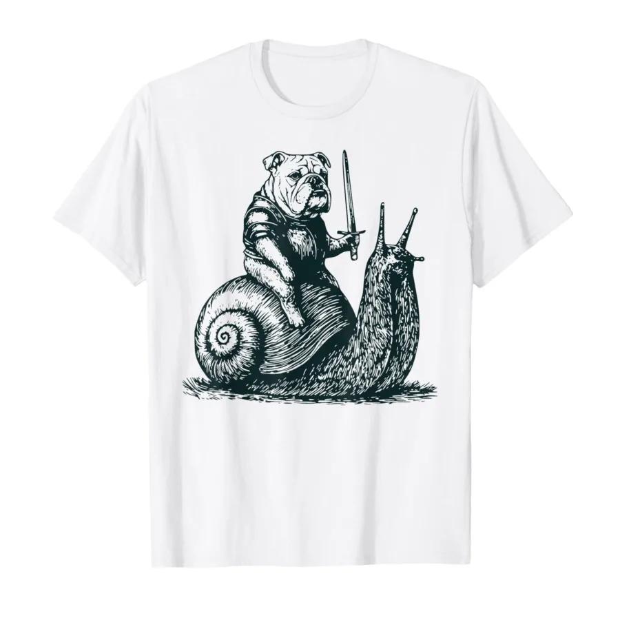 Medieval Bulldog Knight Riding Snail Vintage Funny Dog Meme Tshirt For Men Women 100 Cotton T Shirts Short Sleeve Tops 04032