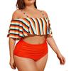 Женские купальники больших размеров с высокой талией, бикини в полоску с принтом и баской, купальник с разрезом
