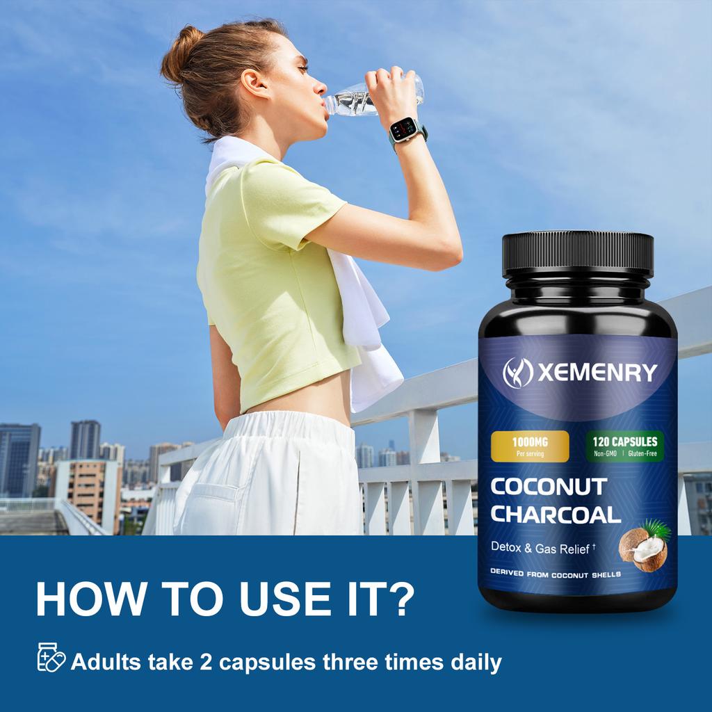Coconut charcoal capsules, 1000 mg per serving, high content of natural coconut charcoal extract.