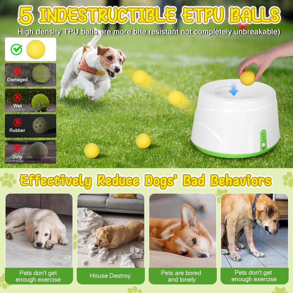 Automatic Ball Launcher for Dogs, Interactive Fetch Machine with 3-Level Distance(20-46ft) & 5 Balls, Dog Ball Thrower for Indoor & Outdoor Play