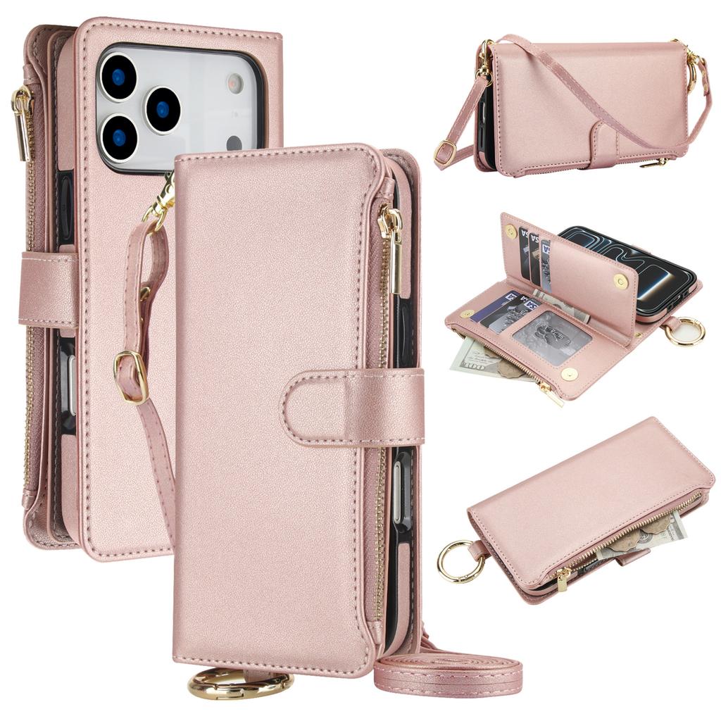Zipper Crossbody Wallet Phone Case for iPhone 17 Pro Max Samsung S26 Ultra, Leather Flip Card Holder Cover with Wrist Strap