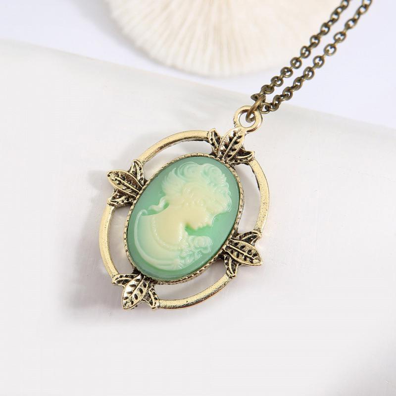 Vintage Style Bronze Light Blue Cameo Necklace The Vampire Diaries Katherine Beauty Head Pendant Necklace For Women