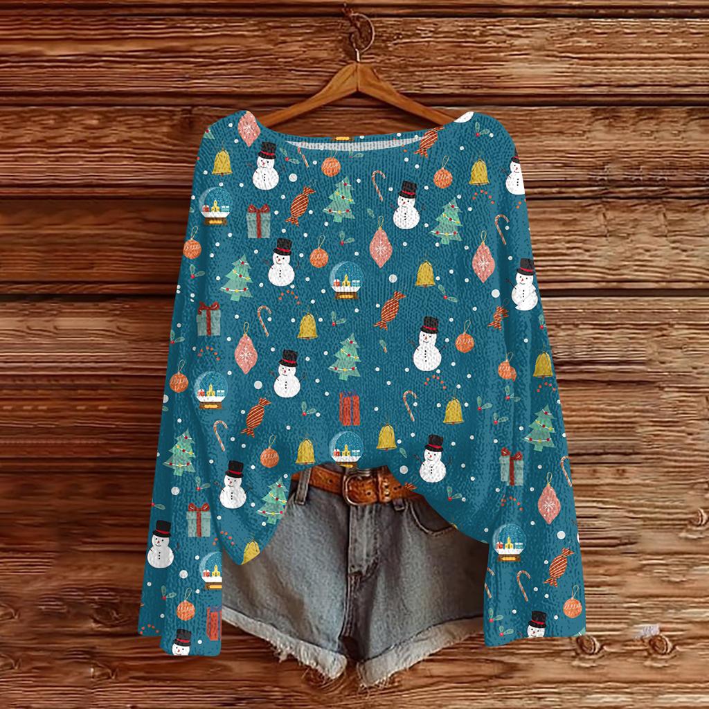 Women's Fashionable Oversized Knitwear Long-Sleeved Christmas Print Top