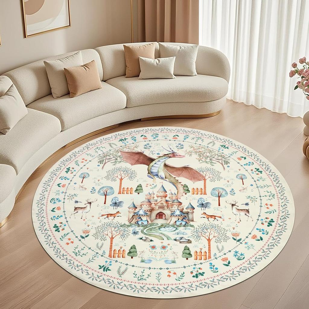 Round Fairy Tale Castle Dragon Carpet Fun Forest Animal Children's Room Carpet Home Decoration Living Room Bedroom Floor Mat