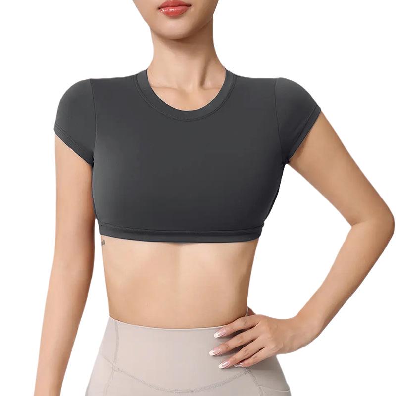 Wangtu Women's Short Sleeve Yoga Crop Top with Chest Pad for Exercise and Fitness