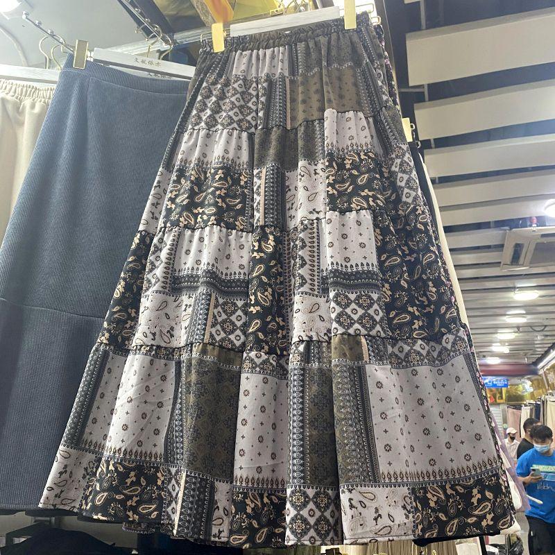 MOJTA Юбка средней длины, весенне-летняя женская эластичная юбка с высокой талией и контрастным цветочным принтом, длинная юбка трапециевидной формы