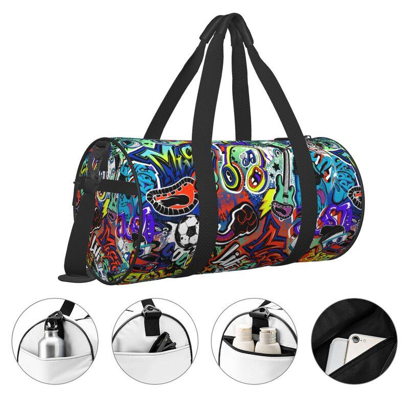 Abstract Grunge Graffiti Guitar Music Gamepad Street Style Travel Duffel Bags Unisex Foldable Waterproof Yoga Gym Sports Bag