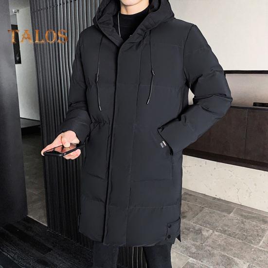 Men Cotton Coat Hooded Drawstring Long Sleeve Full Zipper Closure Cotton Jacket with Side Pockets Solid Color Mid-length Winter Outwear