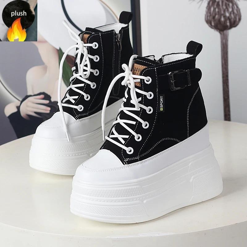 Маленький Супер Высокий Каблук 13см Матовая Кожа Высокие Ботинки Женские Осенние и Зимние Новые Бархатные Кекс Платформа Повседневные Кроссовки