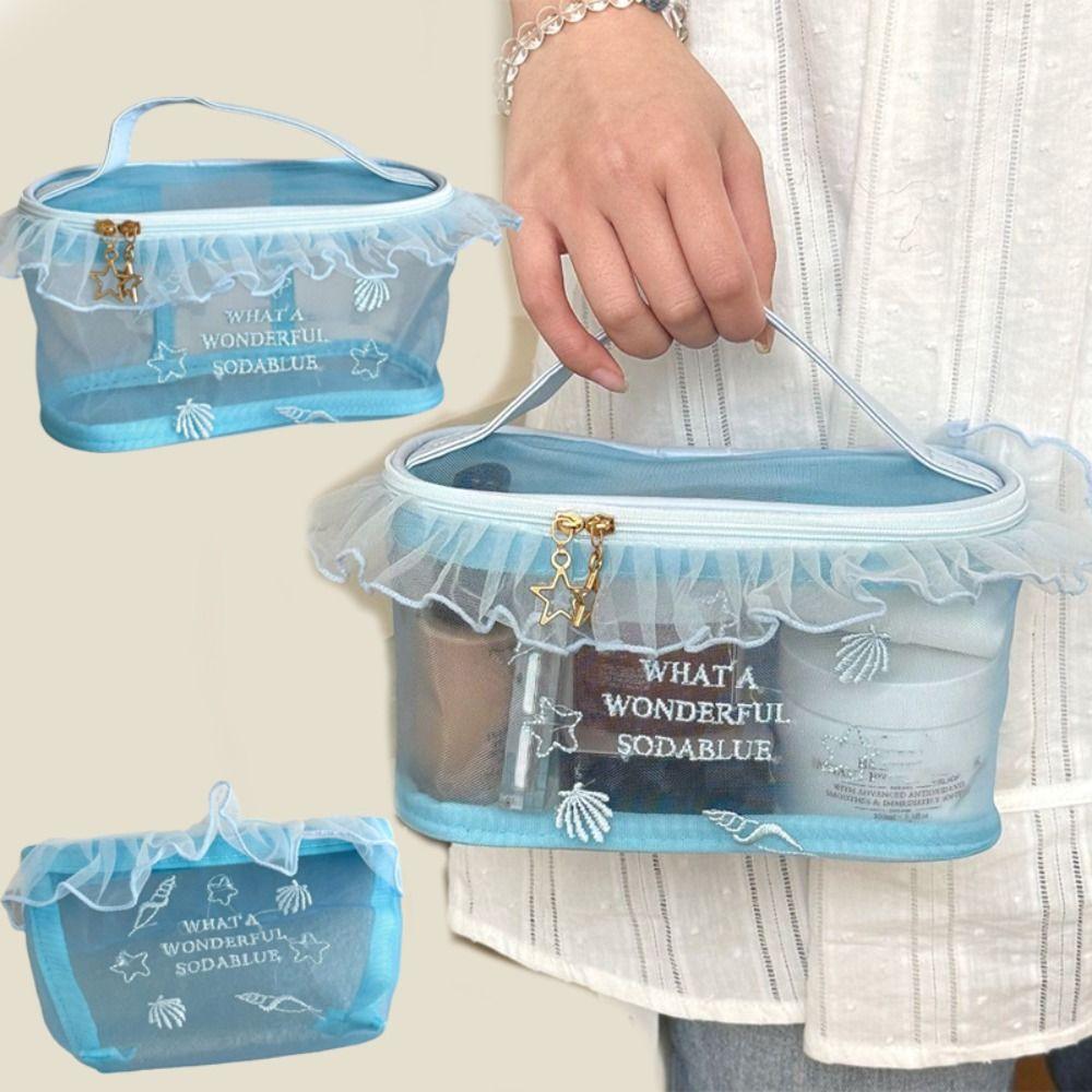 Gauze Blue Mesh Embroidered Makeup Bag Embroidery Toiletry Bag Simple Travel Storage Bag Business