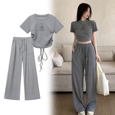 Повседневный серый утягивающий комплект-двойка: Топ с коротким рукавом на кулиске и брюки широкого кроя на лето 2024