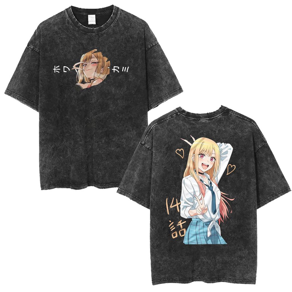 Japanese Anime Marin Kitagawa My Dress Up Darling Vintage Washed T Shirts Men Women Harajuku Oversized Cotton Tshirt Streetwear