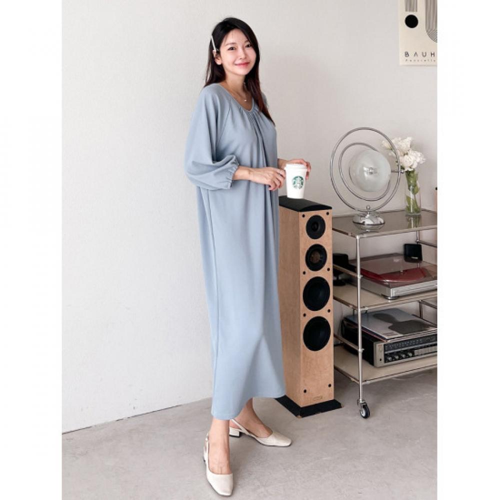 Shop Women RAglAn Round Neck WAist AdjustAble Shirring 3 4 Sleeve Long Dress A