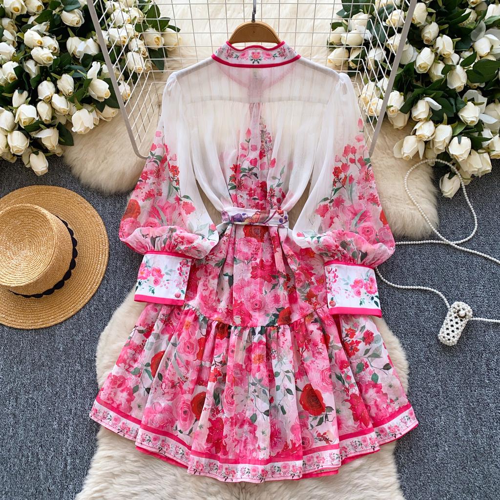 Spring Summer Women Lantern Sleeve Print Chiffon Mini Short Chic Boho Holiday Beach Lace-up Dresses