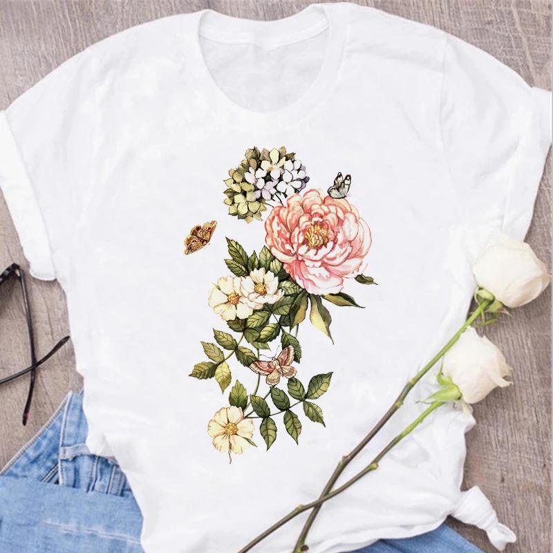 Red Rose Print Women T Shirt Summershort Sleeved Round Neck Harajuku Korean Style Graphic Tops Kawaii Female T-shirt Tops