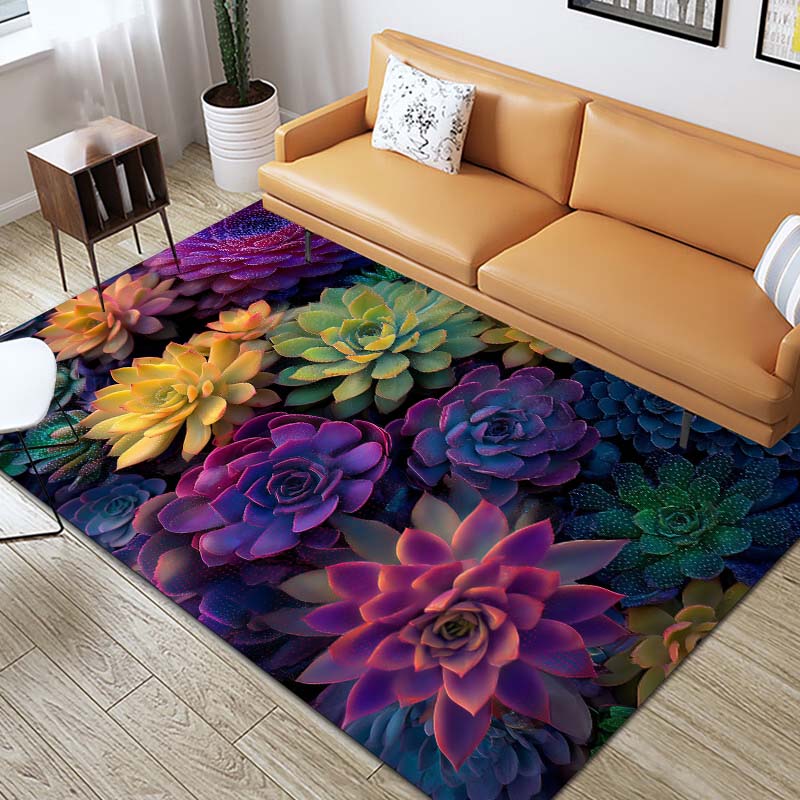 Non-slip rug featuring a 3D cactus and floral print; suitable for living rooms, bedrooms, kitchens, and bathrooms.