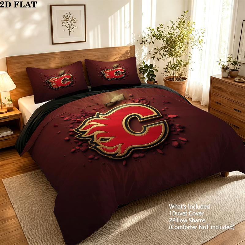 Calgary Flames Pattern Bedding Quilt Set Home Decoration Gift (1 * duvet cover + 2 * pillowcase without core)