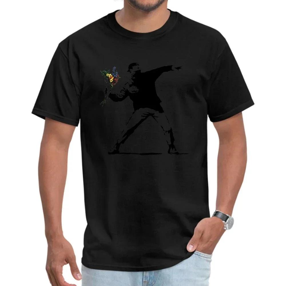 Swag Banksy Flower Thrower Футболки 100% хлопок Ткань Мужская футболка Мужские футболки Новинка Уличное искусство Дизайнерские футболки Rebel Большие размеры