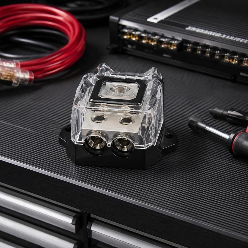 Vehicle Ground Terminal Block Metal Housing with Clear Cover for Amplifier Ground Cable Layout and Wiring Projects