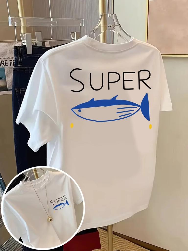 Spring Summer UnisexS Top Easy Painting Style Crab Print Short Sleeve Round Neck with Slight Aesthetic Clothes