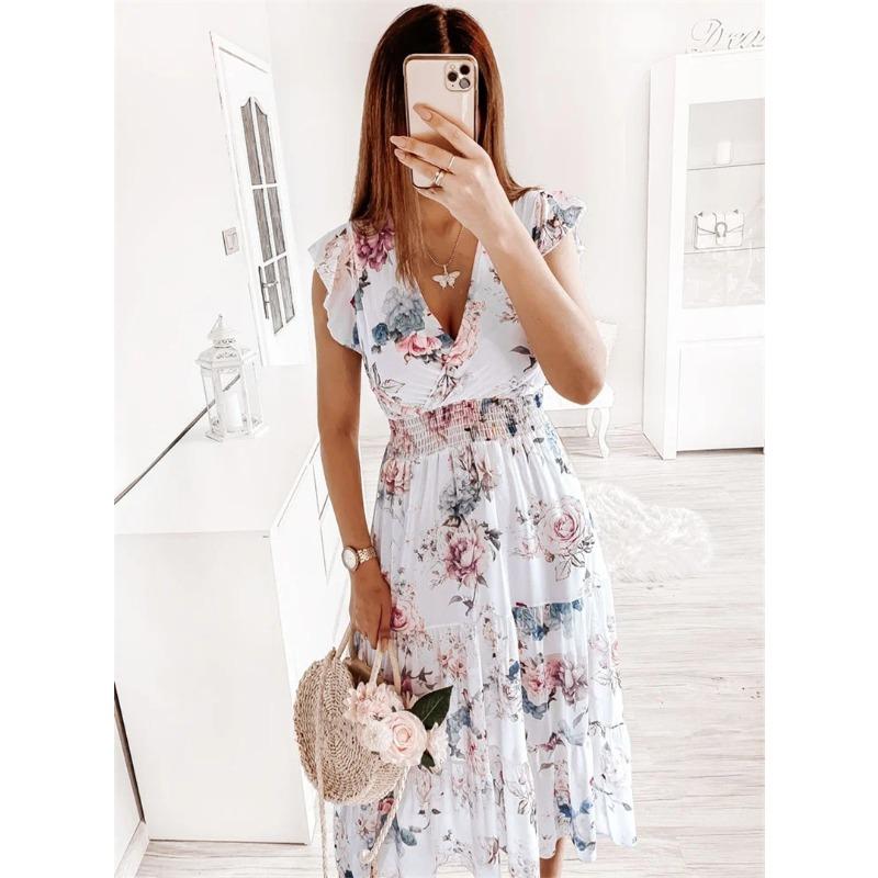 Лето 2024, женское платье с короткими рукавами и v-образным вырезом с принтом и оборками, не подходящее для пояса
