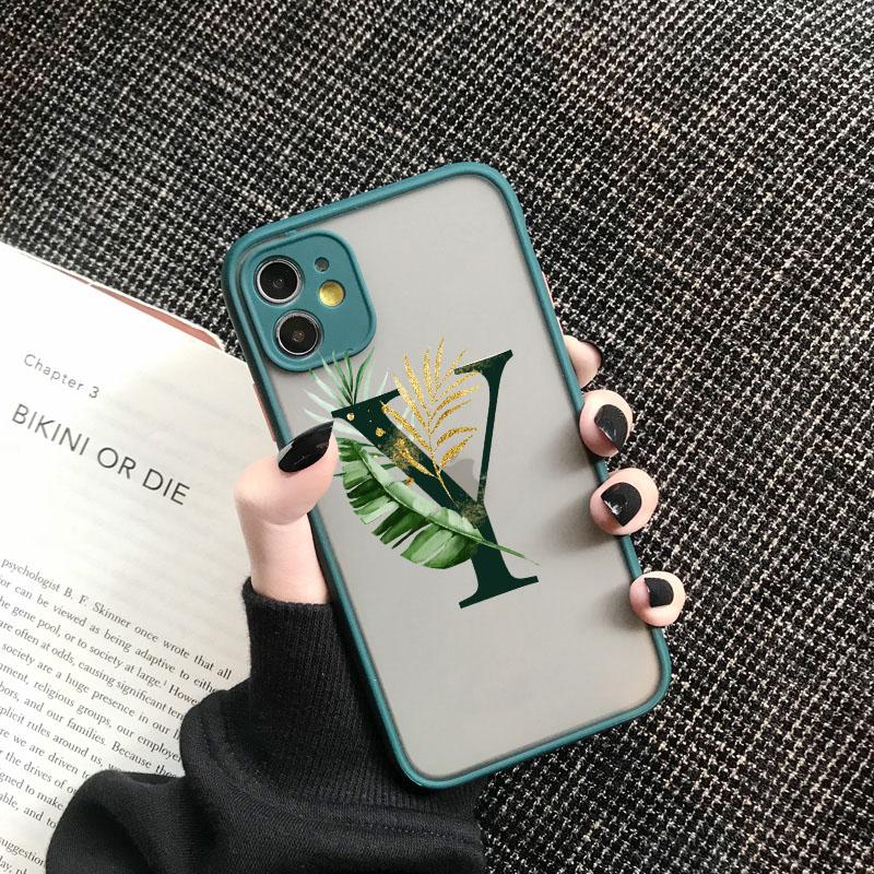 Чехол для телефона с начальной буквой от A до Z Для iPhone 12 13 Mini 11 Pro Max Листья Алфавит Зеленая задняя крышка Для iphone 11 14 promax Чехлы