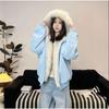 Winter Faux Fur Lined Hooded Puffer Jacket Men Women PU Leather Trim Warm Couple Coat