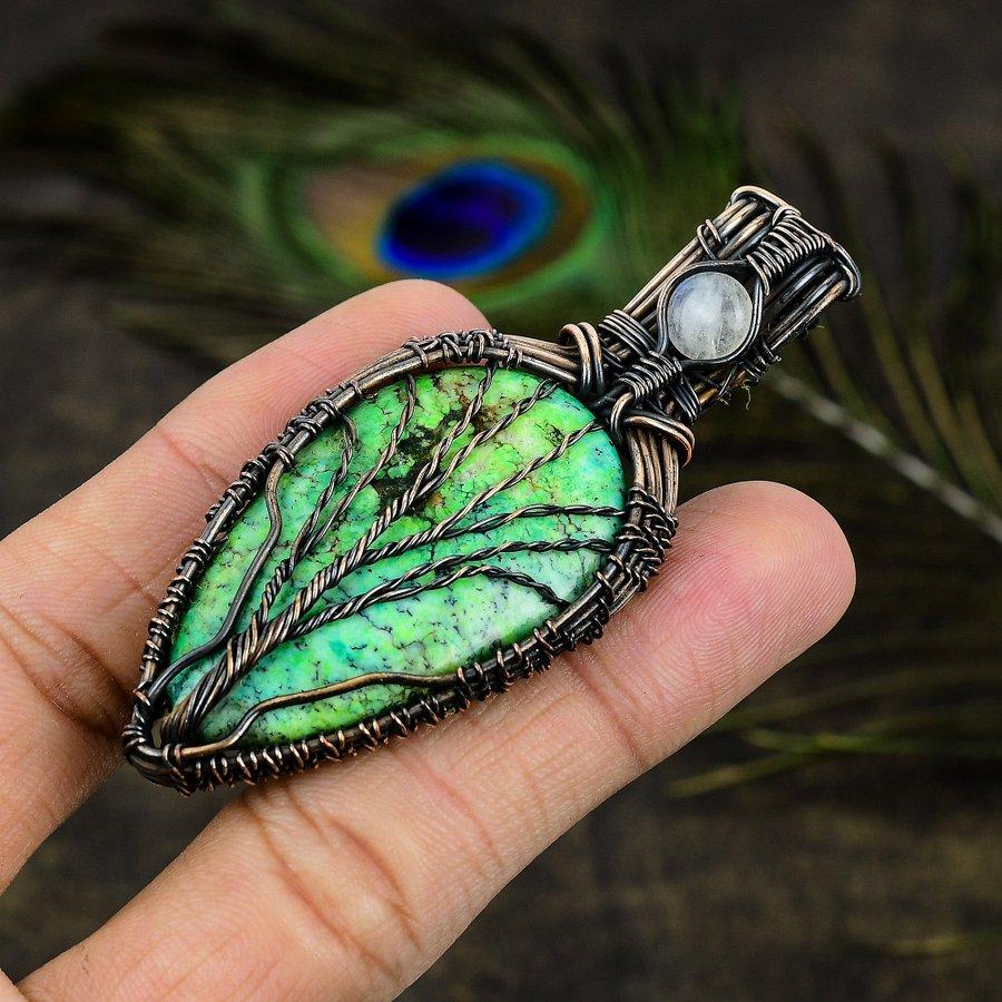 Green Dendritic, Moonstone Copper Wire Wrap Jewelry Pendant 2.96" n2Z27