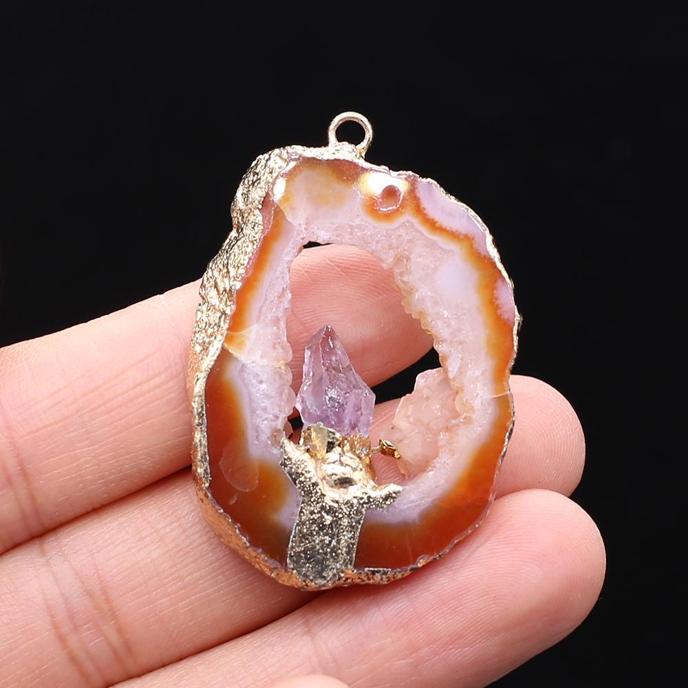 1Pc Energy Natural Agates Pendants with Amethyst, Fashion Handmade Irregular Druze Charms for Jewelry Making DIY Accessories Fit Necklaces Craft Gift