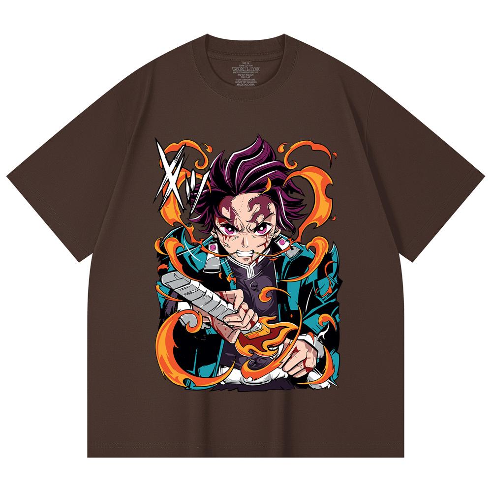 230 Gsm 100% Cotton Demon Slayer V64 Tanjiro Fire Breathing Print Unisex Heavy Cotton T Shirt