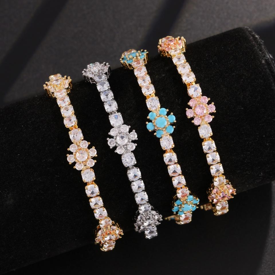 ZAKOL Elegant Pink Turquoise Flower Zirconia Tennis Bracelet For Ladies Girls Fashion Wrist Accessories Daily Party Jewelry Gift