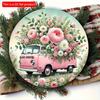1pc 2d Flat Vintage Floral Truck Design Aluminum Circular Sign - 20cm Durable Wooden Wall Art, Welcome Valentine'S Day Home & Cafe Holiday Accessor