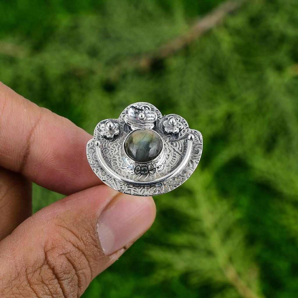 Gift For Her Natural Labradorite Stackable Flower Adjustable Ring 925 Silver