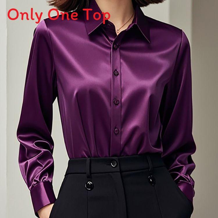 Womens Satin Purple Business Shirt With Long Sleeves For Office And Workwear