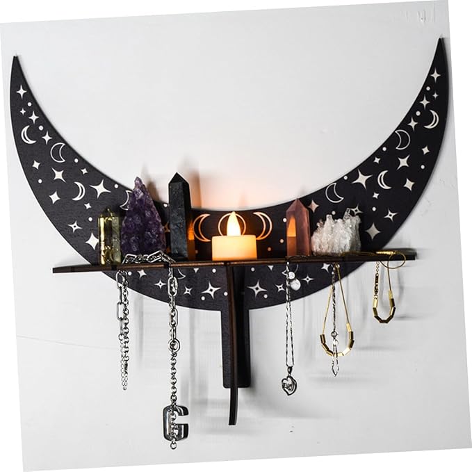 Home Decor Shelf Wood Moon Phase Wall Mounted Display Rack for Crystals and Jewelry Aesthetic with Hooks for Stones and Accessories