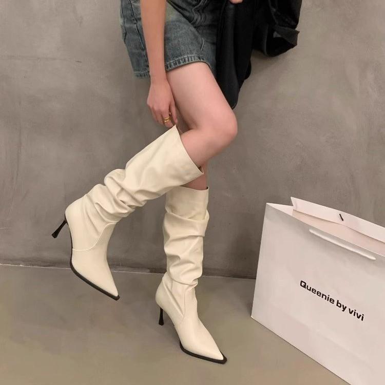 Мода 2024 Осень Новые женские сапоги с острым носком и плиссировкой Модные сапоги до колена на высоком каблуке