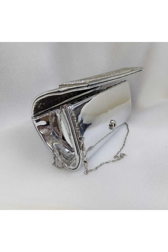 Women's Stylish and Useful Evening Dress Bag Silver Lame Shiny Mirror Fabric Stone Evening Dress Bag