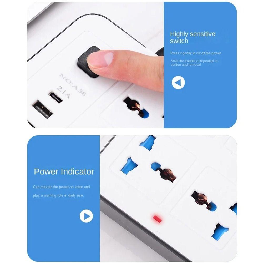 Multiprise Power Multi Tap 2m Extension Cord 6 AC Sockets & 3 USB Outlet Power Strip Power Button Safe 1 Type C