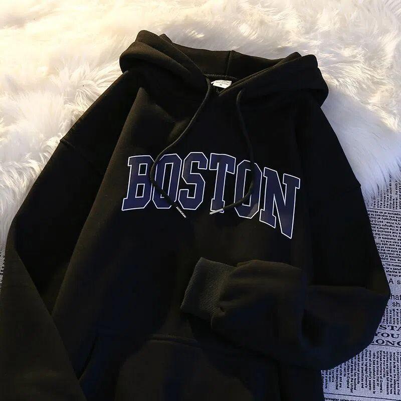Мужская толстовка с капюшоном Boston Lettering Premium Vintage Print - Обычный крой, Однотонный пуловер с графическим принтом, Повседневная толстовка с длинным рукавом