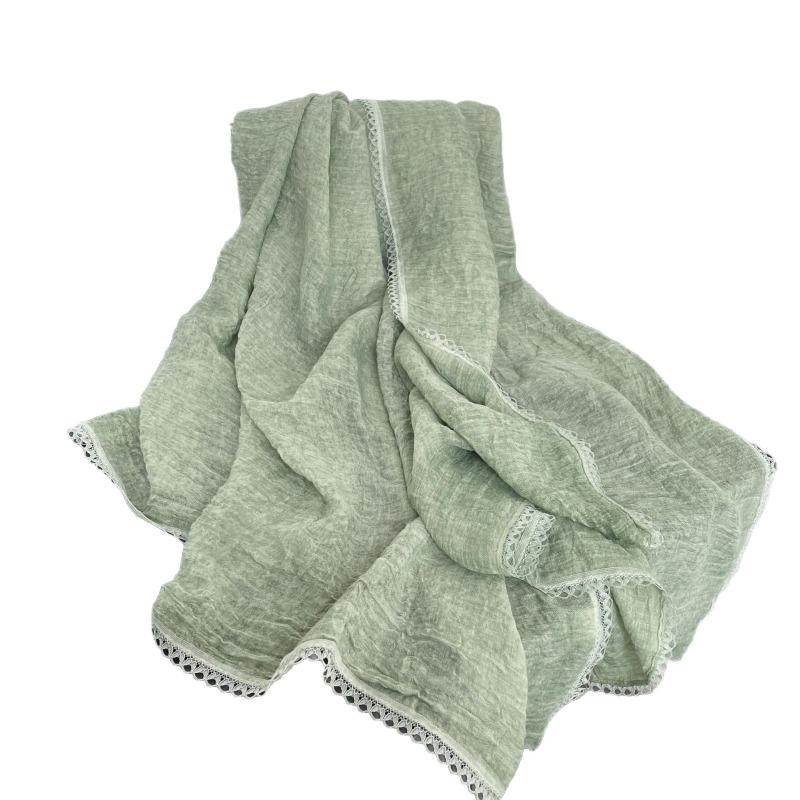 Spring New Lace Pleated Literary Yarn Thin Scarf, Women's Solid Color Cotton and Linen Silk Scarf, Neck Protection Scarf