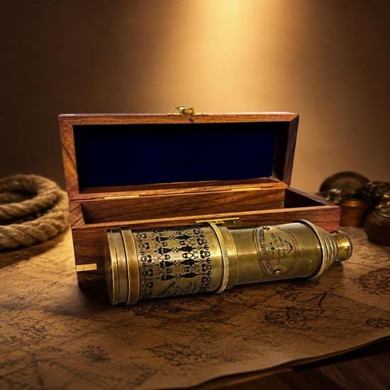 Brass Marine Telescope with Wood Box 50.8 cm Adjustable Nautical Decor, London 1915 Gift