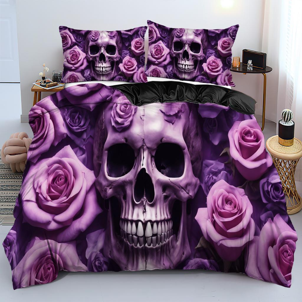 Пододеяльник с 3D-принтом в виде фиолетовых роз и черепов, модный комплект постельного белья в готическом стиле на Хэллоуин с наволочкой, полиэстеровый чехол для одеяла