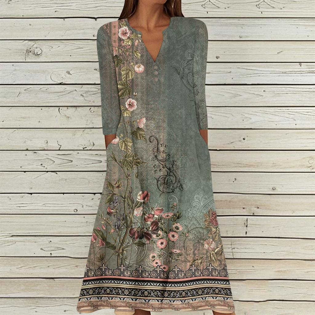 Женское летнее повседневное платье с V-образным вырезом на пуговицах, винтажным цветочным принтом, рукавом три четверти, длинное, с карманами