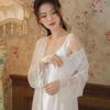 Women's Cotton Long-Sleeve Nightgown, Spring Palace Style with Breast Pad, Mesh Suspender Dress, Sexy Pajama Homewear Suit