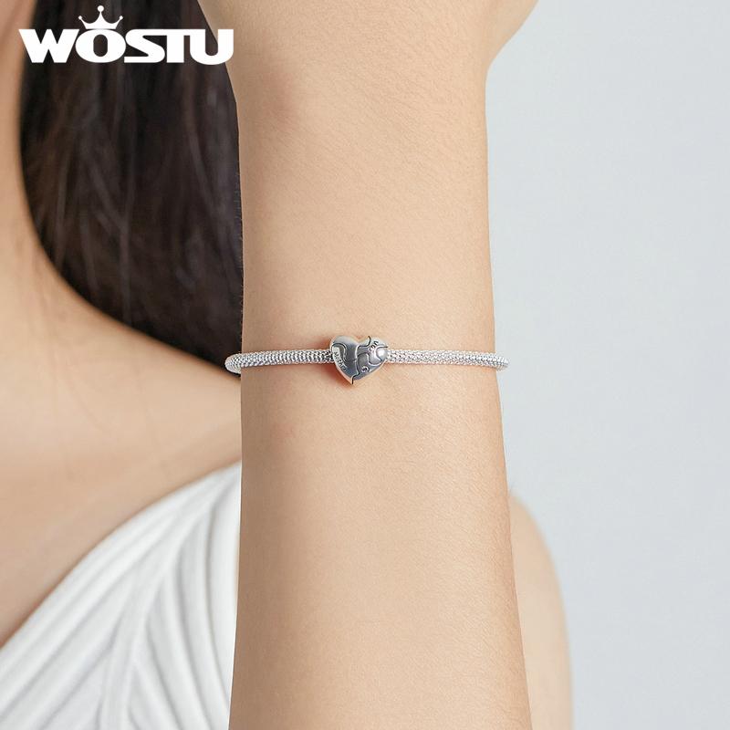 WOSTU Original Puzzle Pattern Love Heart Oxidized 925 Sterling Silver Beads Fit Bracelet Bangle Fine Jewelry