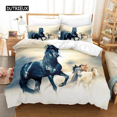 Пододеяльник с изображением лошади, комплект постельного белья King Size, черный, белый, коричневый, с принтом лошади, полиэстер, 3D-животное для взрослых и подростков, пододеяльник